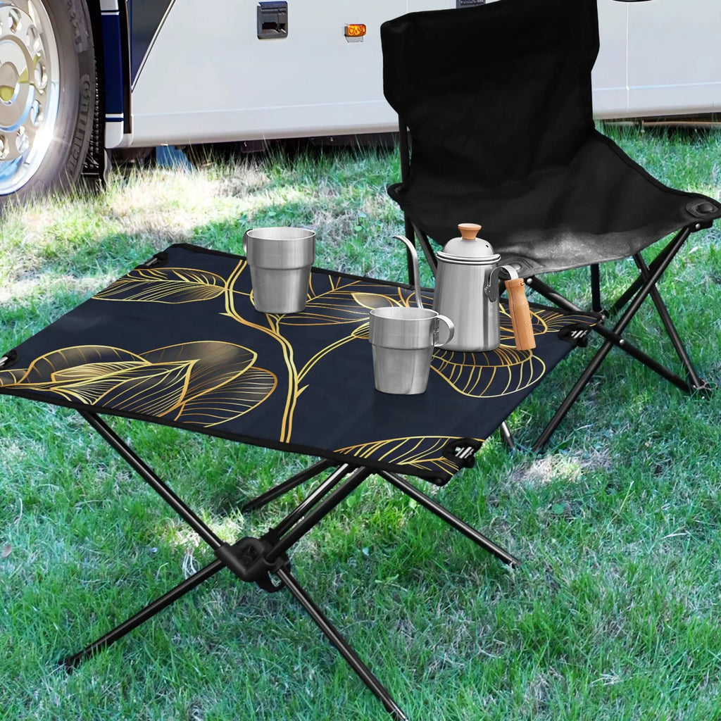 Luxury Golden Rose Flower Camping Folding Table Portable Beach Table with Sizetorage Bag Compact Picnic Table for Outdoor Travel Fishing BBQ