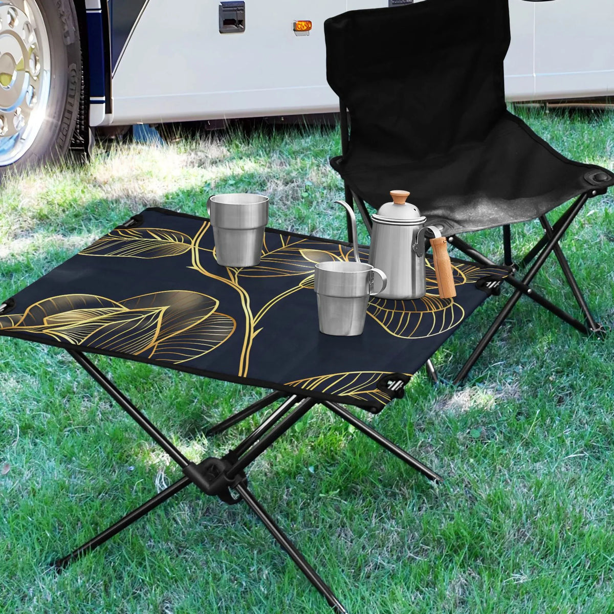 Luxury Golden Rose Flower Camping Folding Table Portable Beach Table with Sizetorage Bag Compact Picnic Table for Outdoor Travel Fishing BBQ