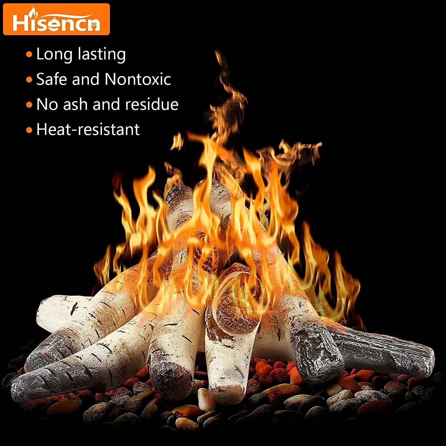 Hisencn Gas Fireplace Logs, 6 Pcs Ivory Birch Ceramic Gas Logs for Gas Fireplace, Indoor Electric Gas Inserts, Propane, Vented, Gel, Ethanol, Indoor or Outdoor Fireplaces, Fireplace Decor