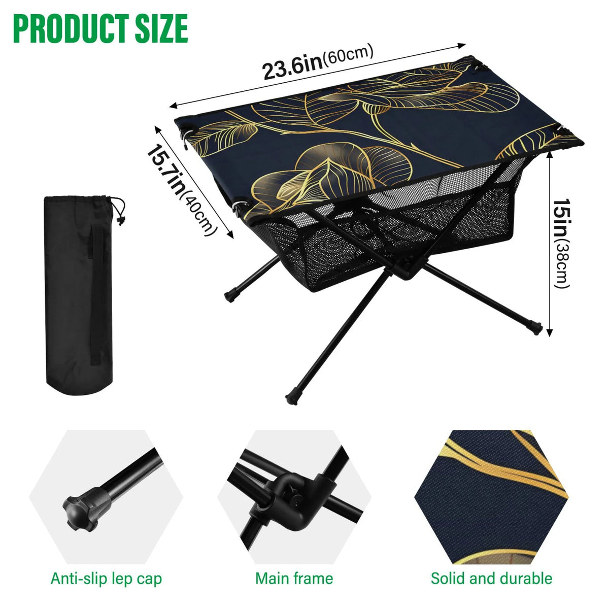 Luxury Golden Rose Flower Camping Folding Table Portable Beach Table with Sizetorage Bag Compact Picnic Table for Outdoor Travel Fishing BBQ