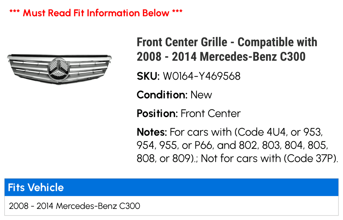 Front Center Grille - Compatible with 2008 - 2014 Mercedes-Benz C300 2009 2010 2011 2012 2013