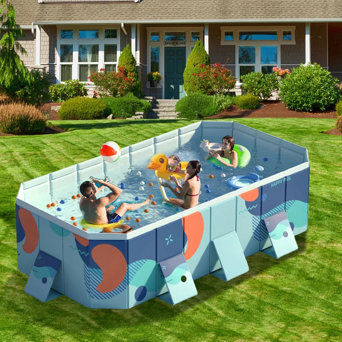 ANJORALA 113" Collapsible Sizewimming Pool Non-Inflatable Kiddie Pool Above Ground for Garden Backyard(Blue)