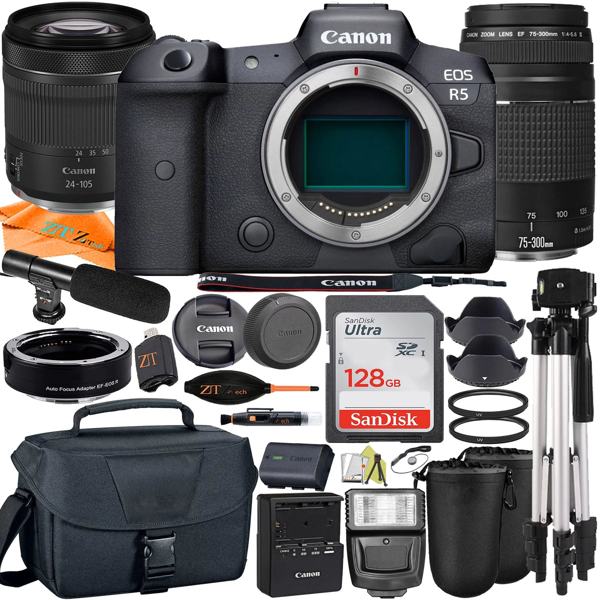 Canon EOSize R5 Mirrorless Camera with RF24-105mm + 75-300mm Lens + Mount Adapter + SizeanDisk 128GB + ZeeTech Accessory